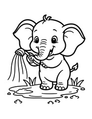 Obraz premium Cartoon Elephant Playing in Water: Black and White Line Drawing for Coloring Page