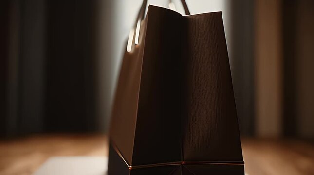 Elegant dark shopping bag on a polished surface, symbolizing a premium retail experience and successful consumer purchase