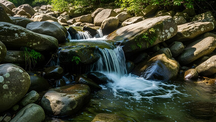 Water stream flowing over natural stone surface with soft light highlighting texture purity movement and calm nature balance harmon zen .Concept of purity balance nature calm.