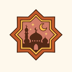 Retro illustration of a serene mosque silhouette under a crescent moon and stars, framed in an ornate octagonal star, symbolizing Islamic spiritual reflection and cultural heritage