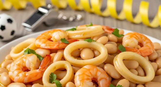 Savory dish with plump orange shrimp, white squid rings, creamy cannellini beans, garnished with green herbs. Soccer ball, whistle, streamers blurred background.