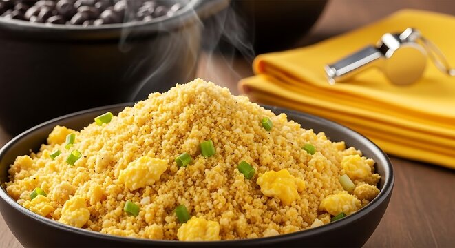 Golden farofa with corn and green onions in a black bowl, near blurred black beans, yellow napkin, and a whistle.