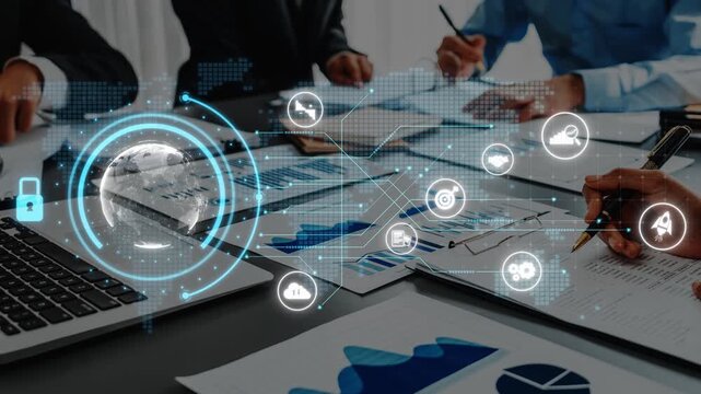 Professionals engaged in a business meeting, leveraging digital technology to discuss data analysis while emphasizing cybersecurity and global connectivity. Raster