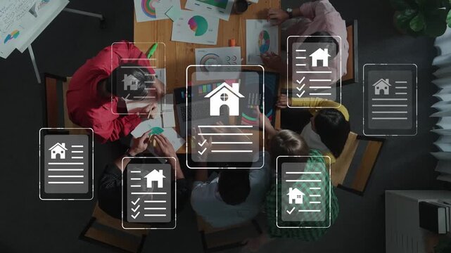 Group of Business Professionals Collaborating on Real Estate Project with Charts and Digital Documents in Modern Office Setting Gluon.
