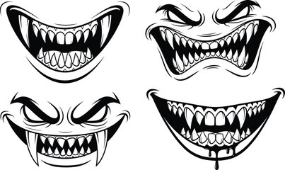 Scary monster mouths with sharp teeth evil grins black white vector illustration set for horror halloween design artwork tattoo sticker © Afsana Creatives