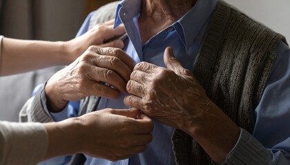 Caregiver helping an elderly man with Parkinson's disease button his shirt. Concept of daily struggle, home care assistance, and support for patients with tremors or motor disability.