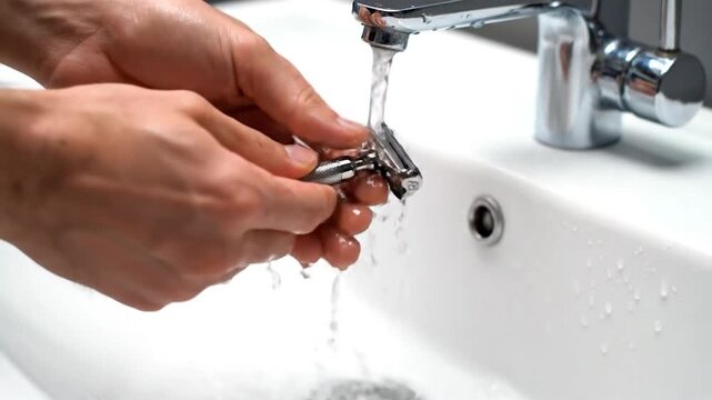 Hands rinse a metal razor under a flowing faucet over a white sink
