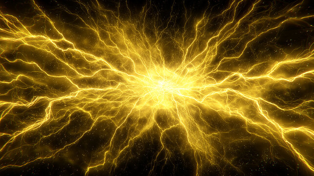 Powerful golden yellow energy explosion with radiant electric lightning sparks