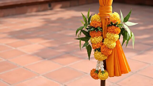 Hands Decorating A Pole With Yellow And Orange Marigold Flower Garlands And Green Leaves With A Textured Orange Tile Background Outdoors During Daytime With Natural Lighting And Shadows