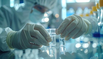 Precision in Science: A scientist, cloaked in protective gear, meticulously handles vials within a laboratory setting, representing dedication and precision in scientific exploration.
