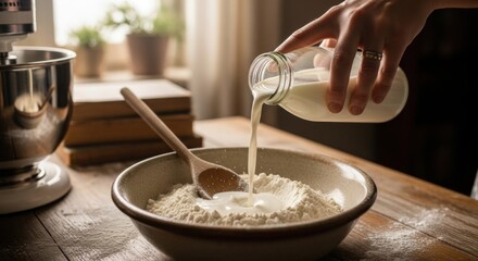 A hand pouring milk into a bowl of flour for a homemade recipe. The process of baking from scratch in a rustic kitchen