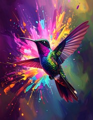 Obraz premium Vibrant hummingbird in a colorful explosion