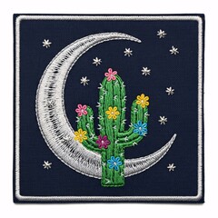 Square patch with a crescent moon and colorful flowered cactus on a navy background.