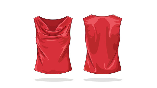 Sophisticated crimson sleeveless blouse with elegant cowl neckline, detailed front and back views for versatile apparel design applications and