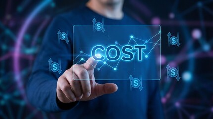 Professional businessman analyzing cost data on digital interface, showing financial trends and statistics for business planning and strategy