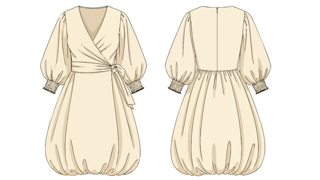 Technical flat sketch of a contemporary feminine wrap dress with voluminous balloon sleeves and a distinctive bubble hem silhouette