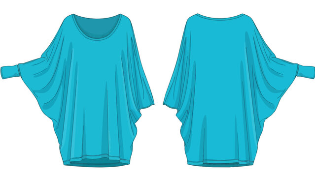 Vibrant aquamarine fashion illustration of a comfortable women's relaxed fit tunic with flowing dolman sleeves, showcasing front and back views for
