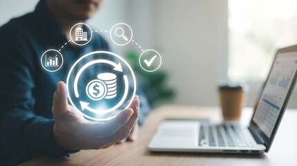 Businessman showcasing financial growth strategy with digital icons, conveying innovation and success. Ideal for illustrating business planning, investment, and technology concepts.