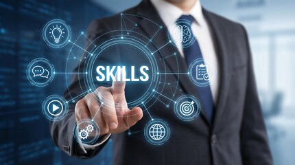 A professional businessman engages with a cutting-edge skills interface in a office setting. Perfect for business development, skill enhancement, and modern professional environments
