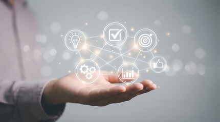 Fototapeta premium A businessman presents innovative ideas with strategy icons, symbolizing growth and success. Perfect for business and technology-related projects.