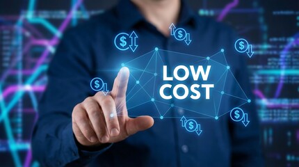 Business professional interacting with futuristic low cost digital interface showing financial trends and dollar symbols