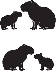 Silhouette of capybaras large and small interacting in pairs