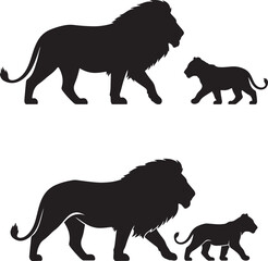 Silhouette of a lion and lioness with their cubs in profile