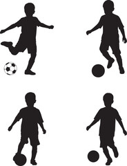 Four silhouette soccer players kicking and dribbling balls