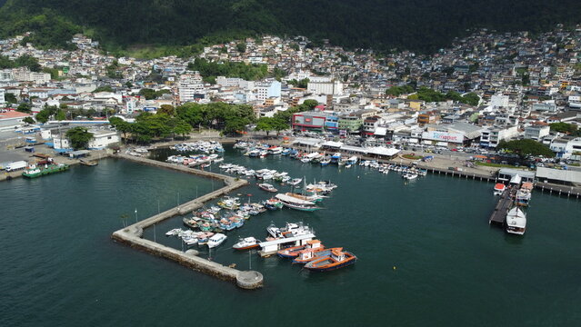 Angra Dos Reis, Brazil, January 13, 2025: Drone photo showing a wide view of Angra dos Reis harbor, coastline and surrounding bay in Brazil