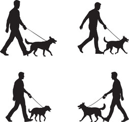 Silhouette of people walking dogs in various positions