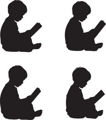 Silhouette of four children reading books in different positions