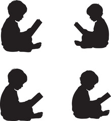 Four silhouette children reading books in different positions