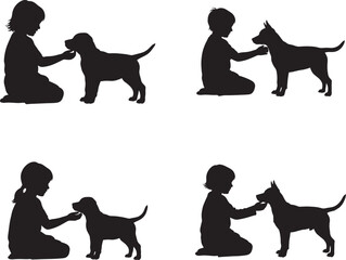 Silhouette of children and dogs in various playful poses