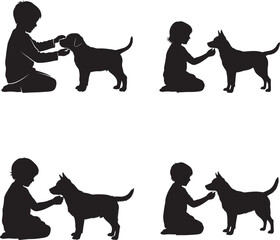Silhouette of children and dogs in various playful poses