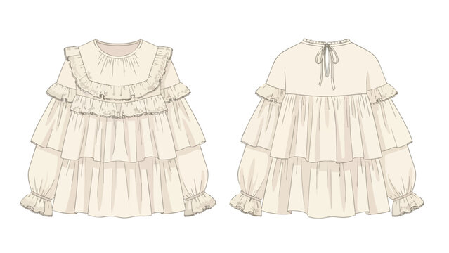Elegant women's blouse with delicate ruffles and voluminous sleeves, front and back views