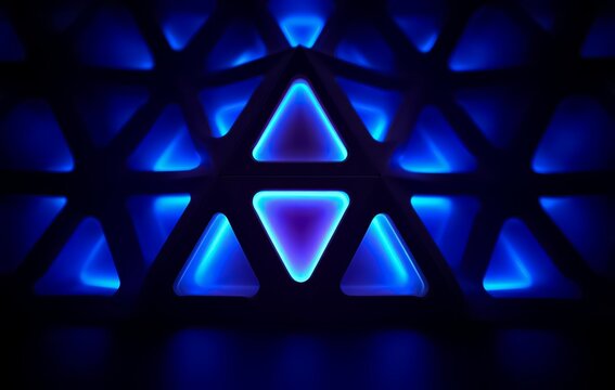 Blue and white image of a triangle with a blue light shining on it. The image has a futuristic and abstract feel to it