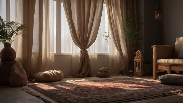 Peaceful Home Ramadan Prayer Space with Folded Prayer Mats and Soft Window Light