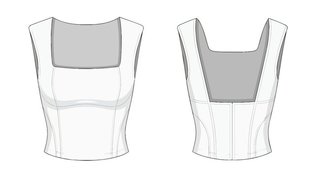Technical drawing of a contemporary square-neck sleeveless top bodice flat sketch design detail illustration
