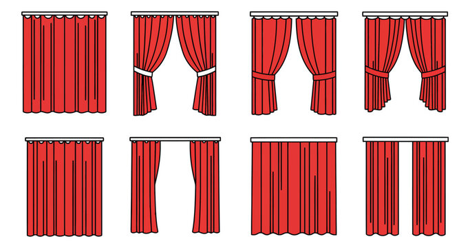 Line art curtain set featuring red drapes in various positions for theatre stage decoration