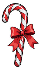 Cartoon illustration of a candy cane depicting a red bow for holiday celebrations