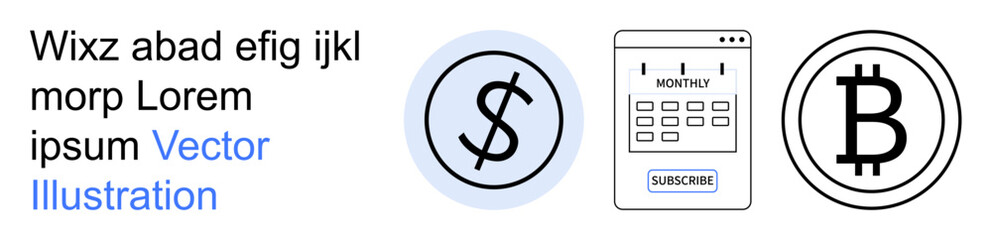 Obraz premium Financial planning, cryptocurrency, digital payments, online transactions, budgeting, subscription tracking. Dollar symbol, subscription calendar Bitcoin logo. Financial planning and cryptocurrency