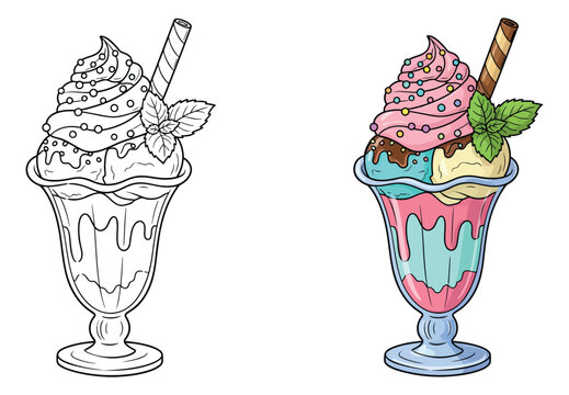 Hand drawn cartoon ice cream sundae illustration set featuring a colorful parfait with whipped cream, sprinkles, and a wafer stick for dessert menus and coloring pages