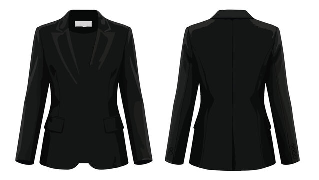 Sleek professional black blazer garment presented in detailed front and back vector illustration
