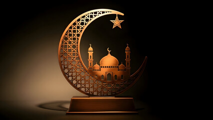 Golden crescent moon and star with mosque silhouette illuminated in dark background