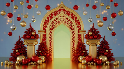 Fototapeta premium Luxury Islamic Arch with Red and Gold Ornaments – 3D Festive Background