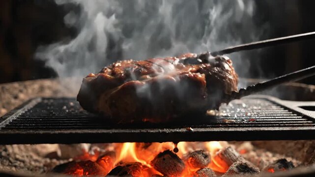 Close up of a sizzling steak being cooked over an open fire with flames