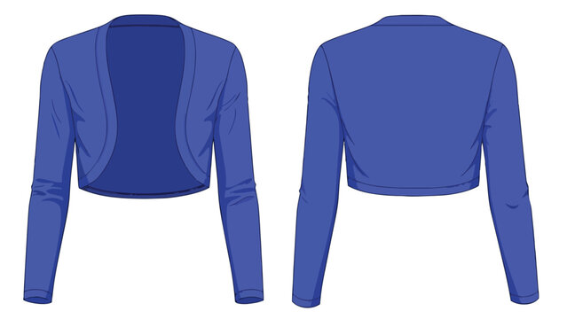 Illustrative flat technical drawing of a stylish cobalt blue women's bolero jacket, front and back views showcased clearly