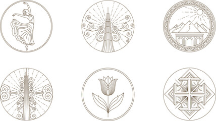 Vector illustration set featuring artistic line art emblems with ballerina desert pyramids and architectural towers for premium brand identity © PUTUL