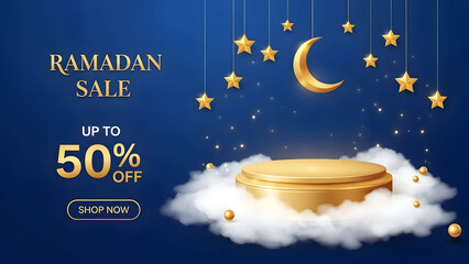 A promotional banner for ramadan sale with a podium and islamic symbols