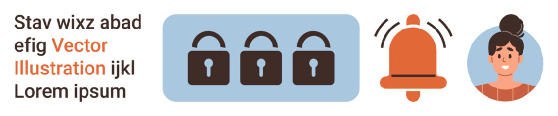 Cybersecurity, data protection, notifications, digital identity, alert systems, online security. Three locks, alert bell and user avatar. Cybersecurity and data protection concept